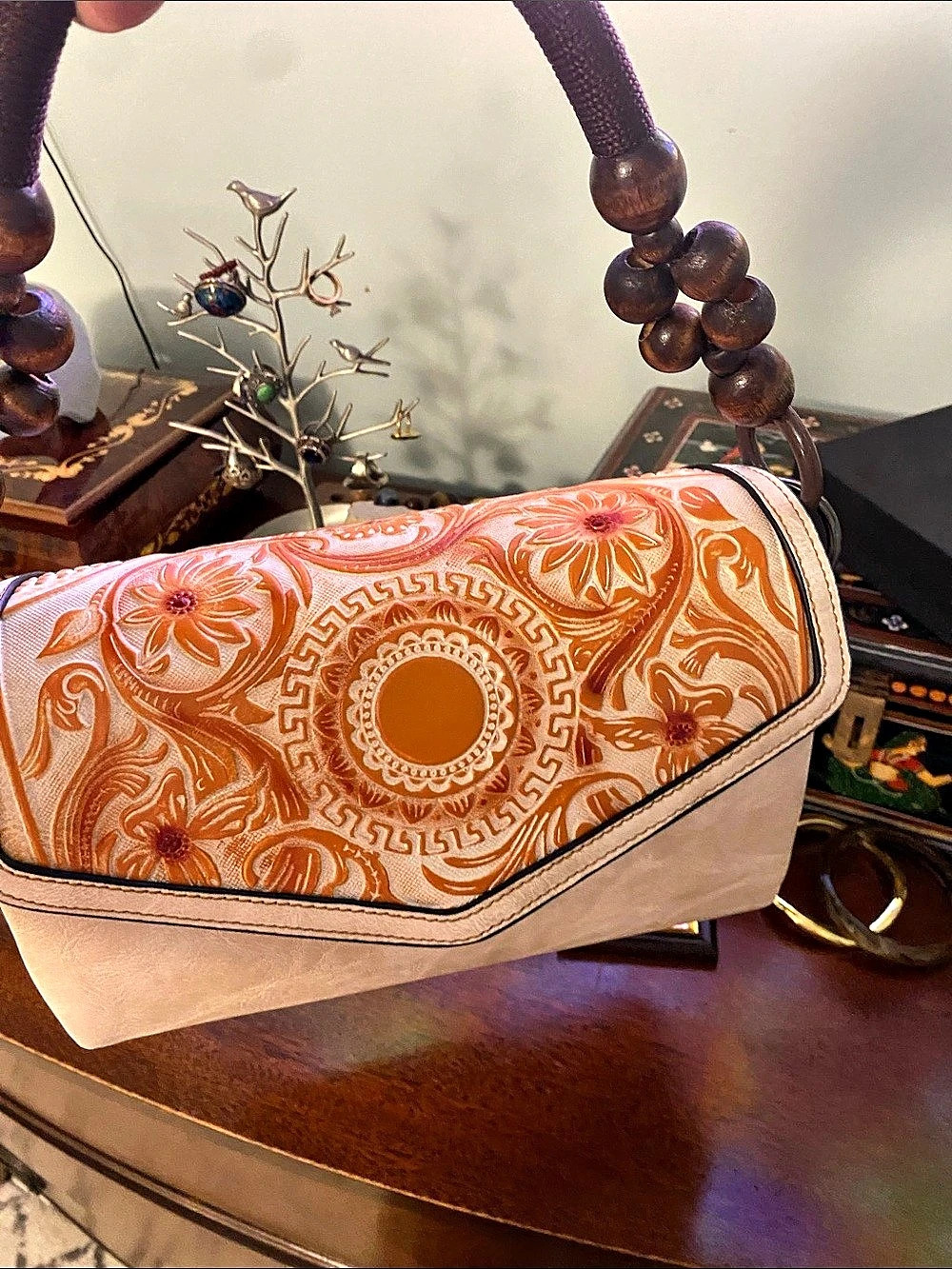 Floral Embroidered Shoulder leather Bag in Orange & Beige